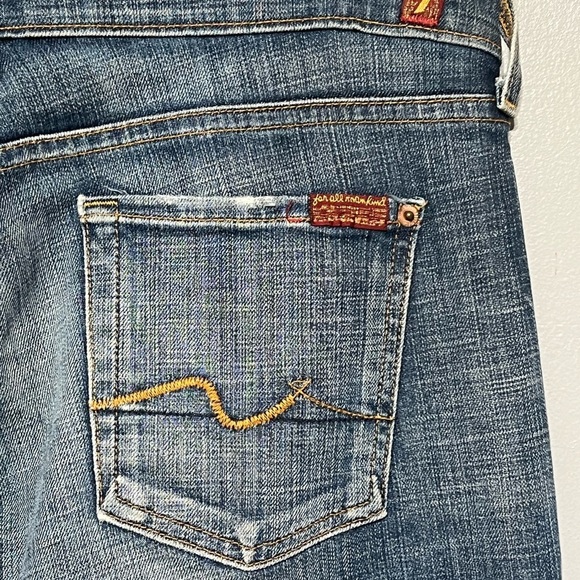 7 For All Mankind Wide Leg Flare Bootcut Jeans Low-Rise Distressed Dark Denim - Picture 6 of 8